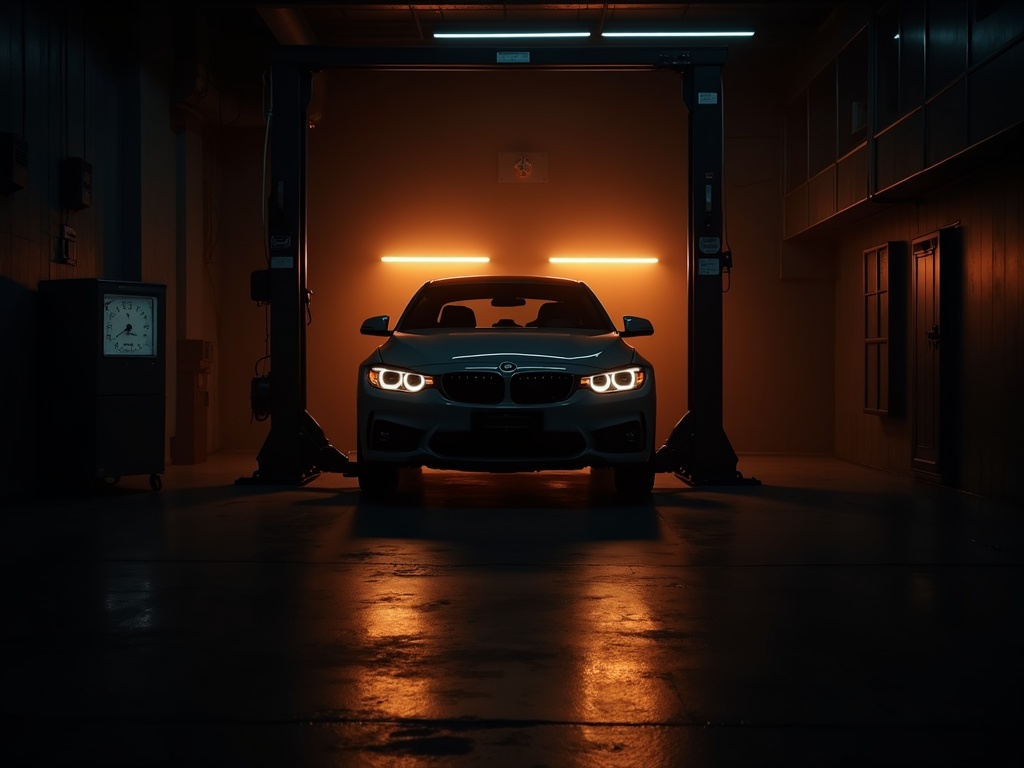 Car on a two-post lift in the MOT bay