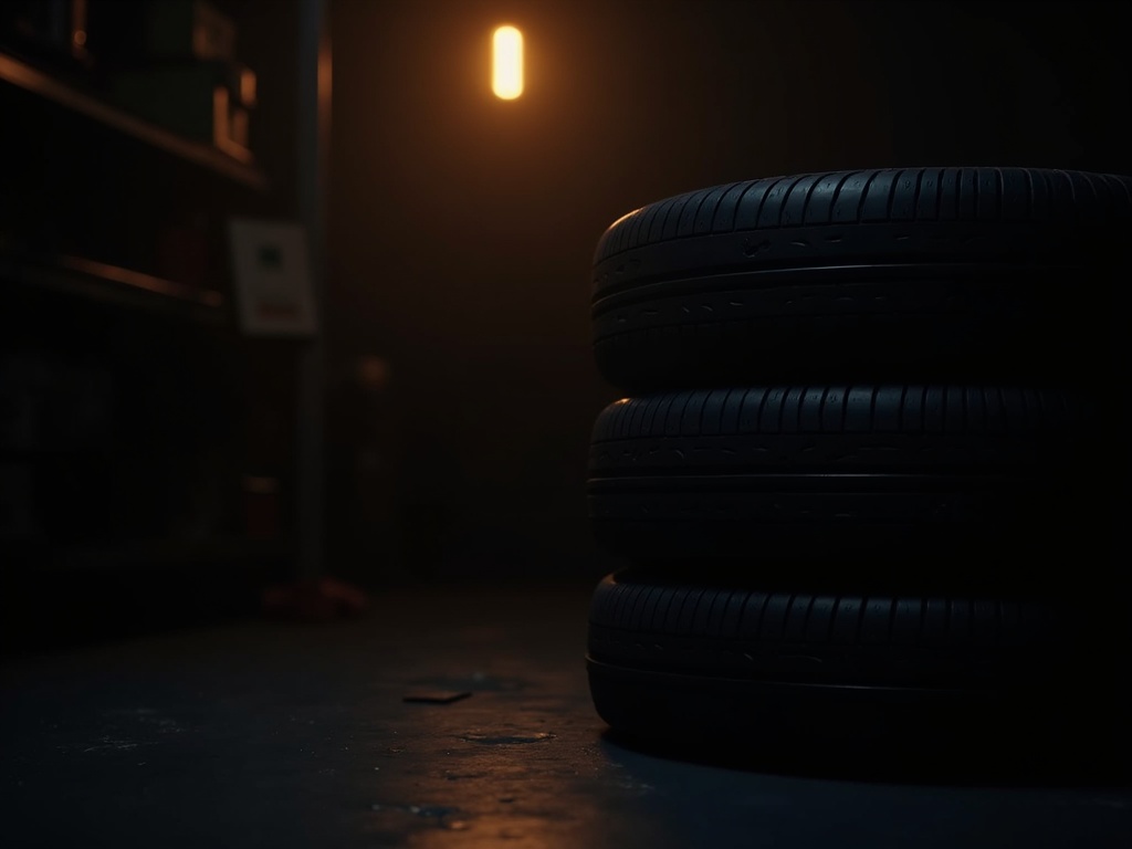 New tyres stacked in the workshop