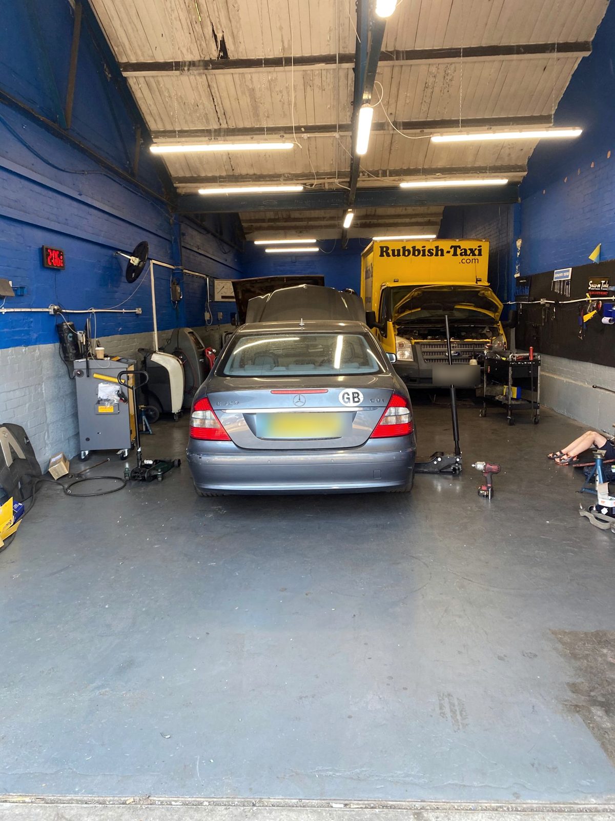 A Mercedes in the workshop bay